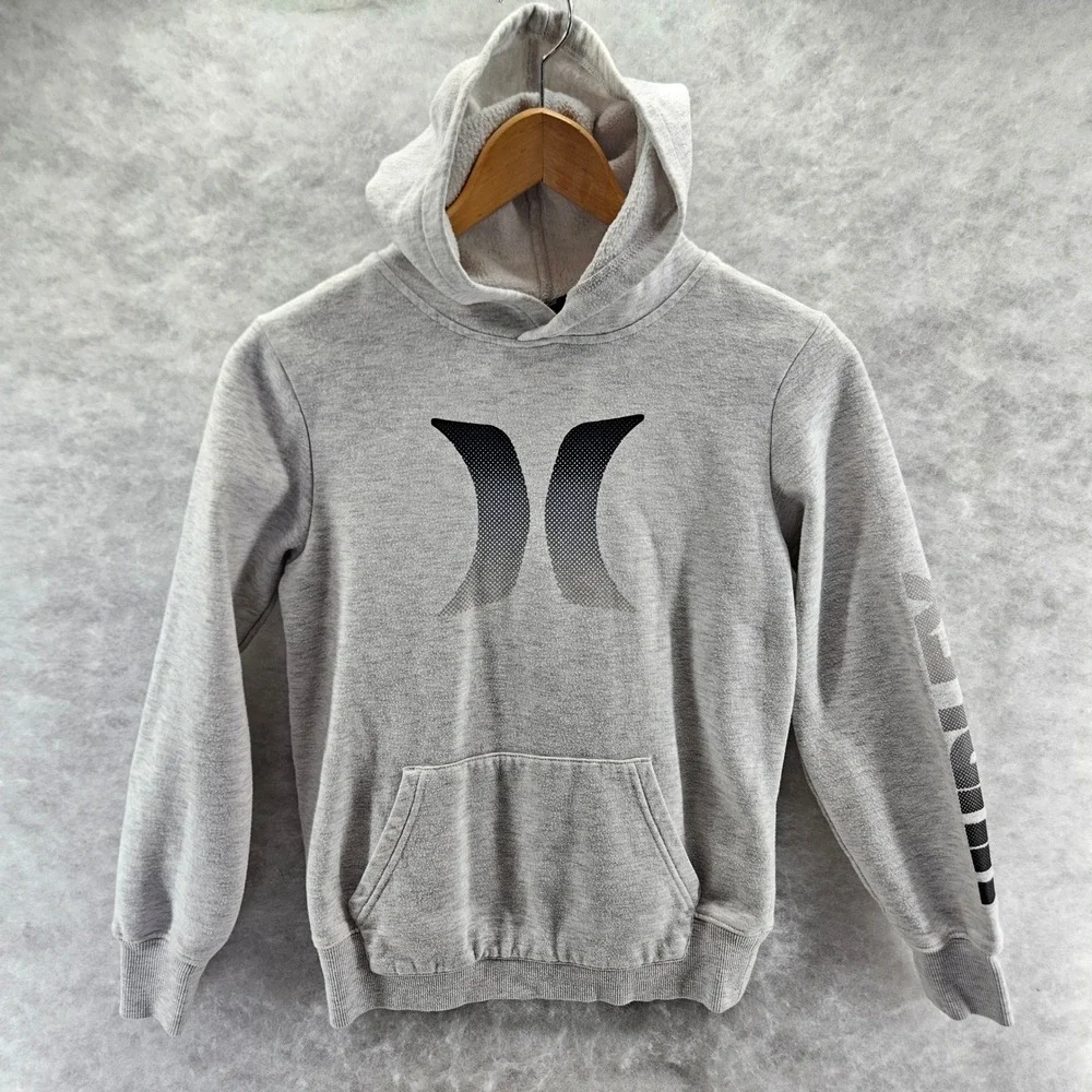 Kids Hurley‎ Light Gray Hoodie Sweatshirt Pullover Logo Sleeve Medium